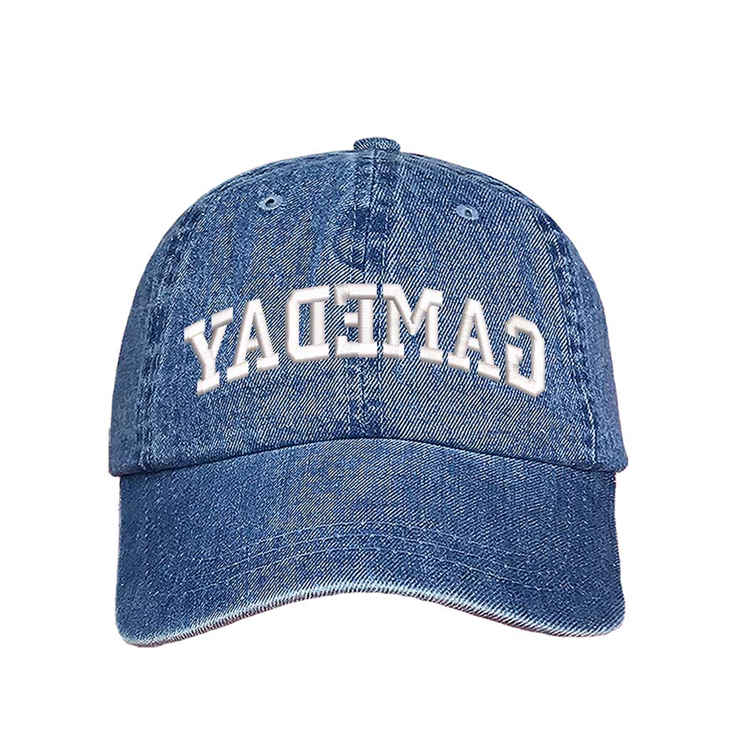 Light Denim baseball hat embroidered with the phrase gameday backwards-DSY Lifestyle