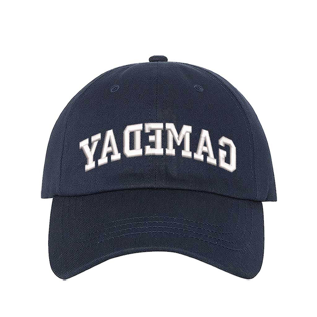 Navy baseball hat embroidered with the phrase gameday backwards-DSY Lifestyle
