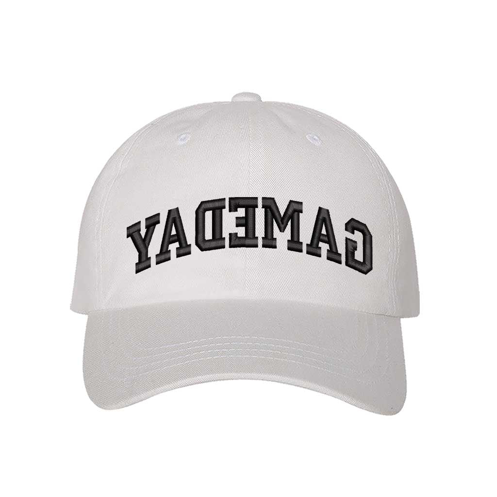 White baseball hat embroidered with the phrase gameday backwards-DSY Lifestyle