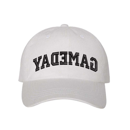 White baseball hat embroidered with the phrase gameday backwards-DSY Lifestyle