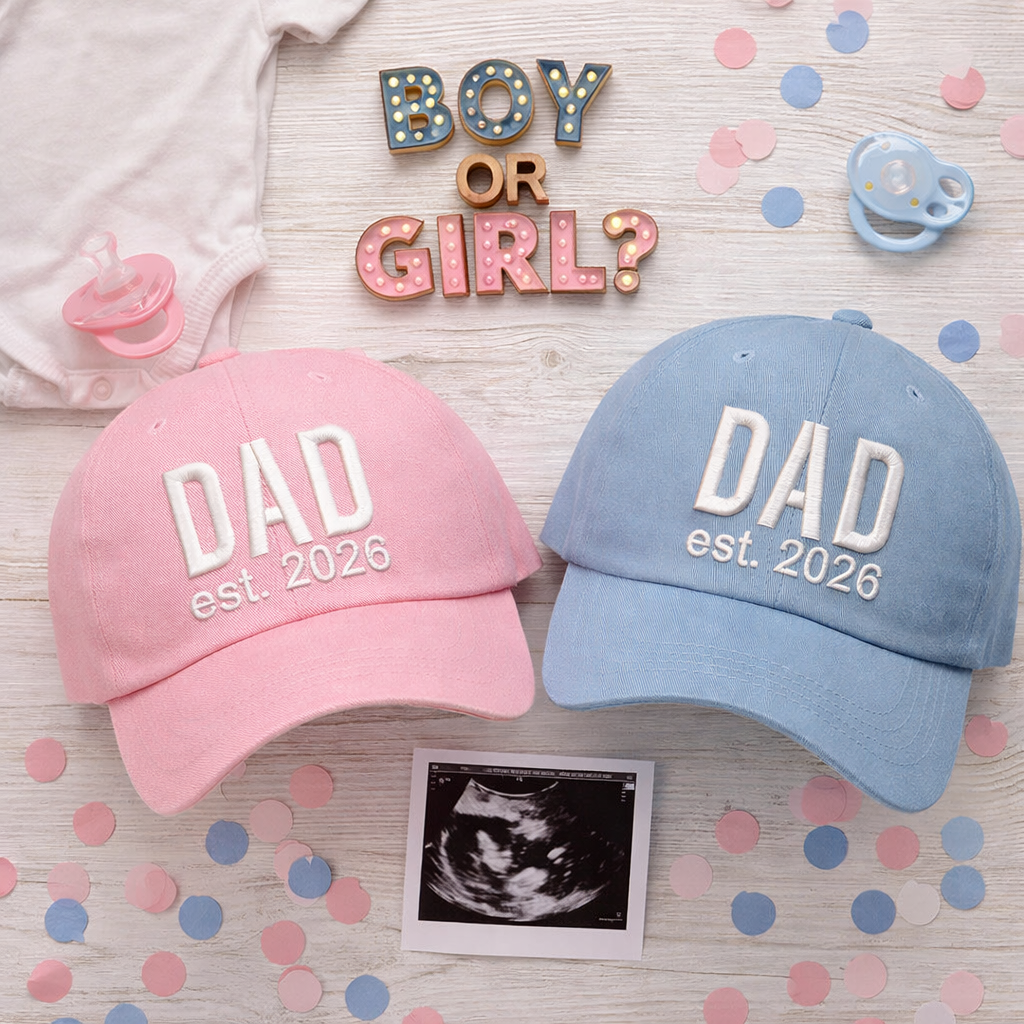 Light Pink and Sky Blue set of Dad Est. 2026 Baseball Hat featuring bold white embroidery on a classic dad cap; the perfect 2026 baby announcement gift for new fathers by DSY Lifestyle.