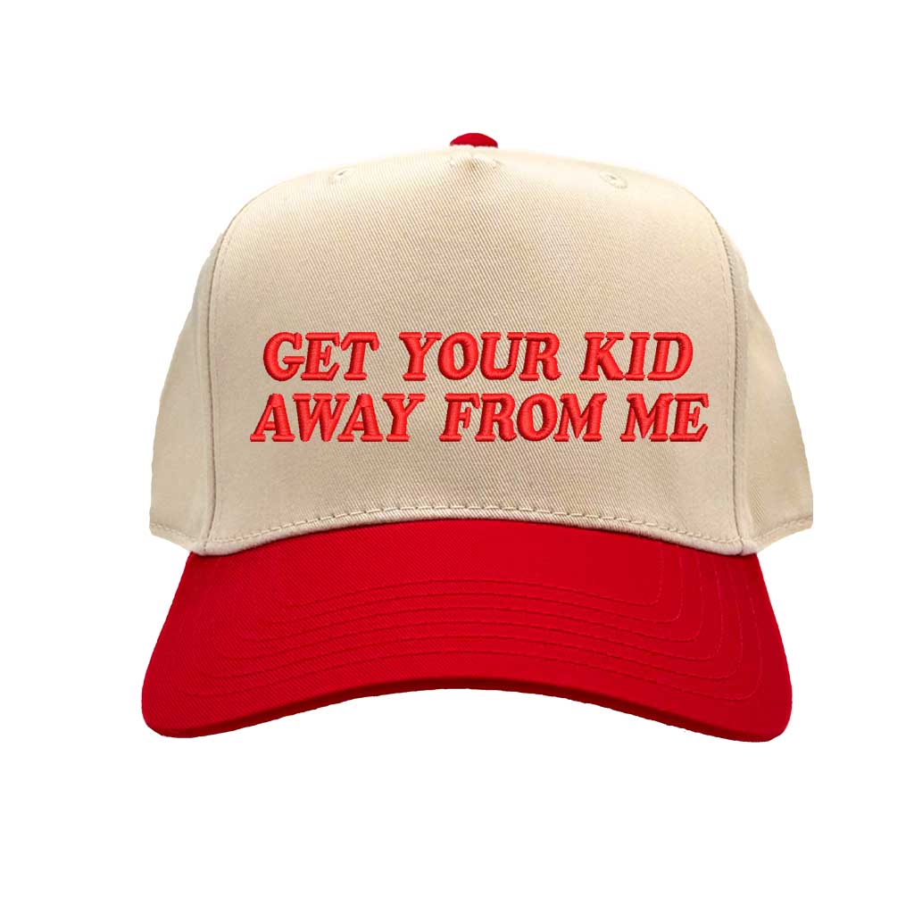 Natural Red Funny two-tone 5-panel baseball hat with “Get Your Kid Away From Me” slogan, adjustable unisex cap for everyday wear. DSY Lifestyle.