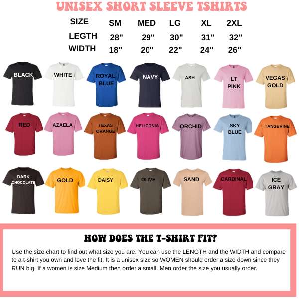 Color and size chart for unisex tshirts - DSY Lifestyle
