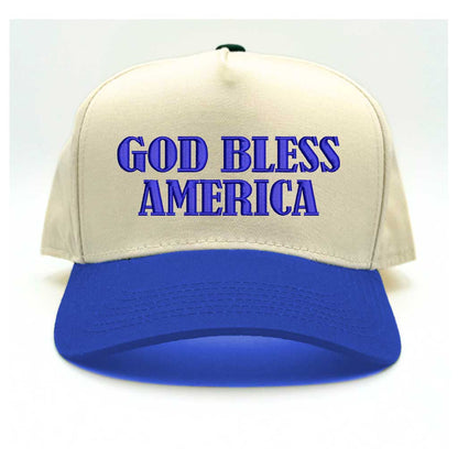 Natural/Royal Blue God Bless America 5-panel embroidered baseball hat with patriotic message on a structured cap – DSY Lifestyle