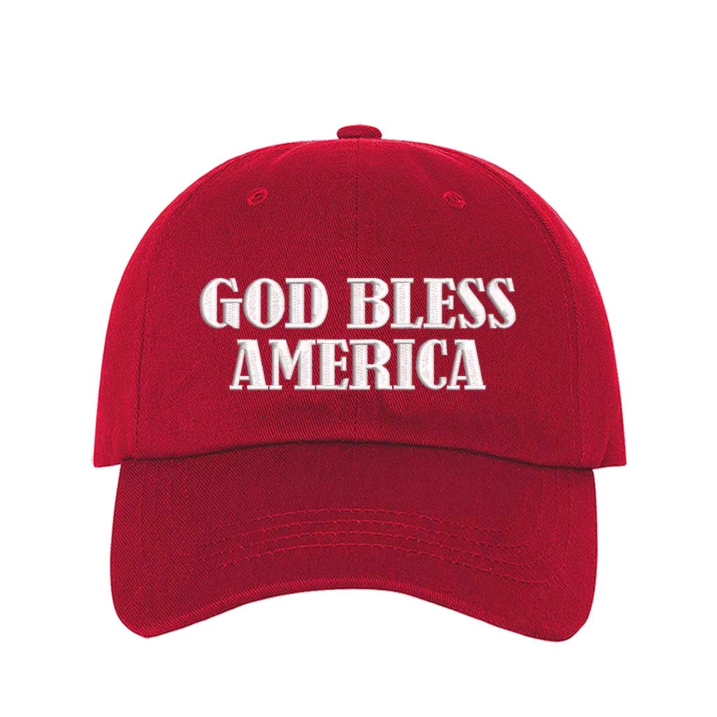 Red God Bless America embroidered baseball hat featuring bold patriotic stitching and classic style – DSY Lifestyle