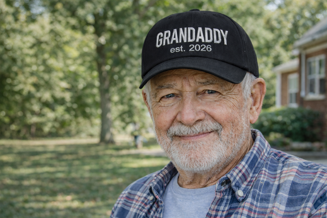 Handsome man wearing a Black GrandDaddy Est. 2026 Baseball Hat featuring bold white embroidery on a classic dad cap; the perfect 2026 baby announcement gift for new grandfathers by DSY Lifestyle.