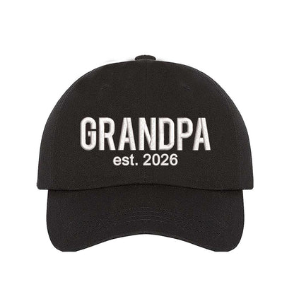 Black Grandpa Est. 2026 Baseball Hat featuring bold white embroidery on a premium dad cap; a stylish 2026 announcement gift for new grandfathers by DSY Lifestyle.