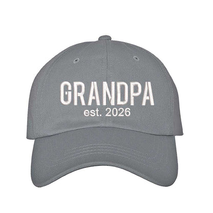 Gray Grandpa Est. 2026 Baseball Hat featuring bold white embroidery on a premium dad cap; a stylish 2026 announcement gift for new grandfathers by DSY Lifestyle.