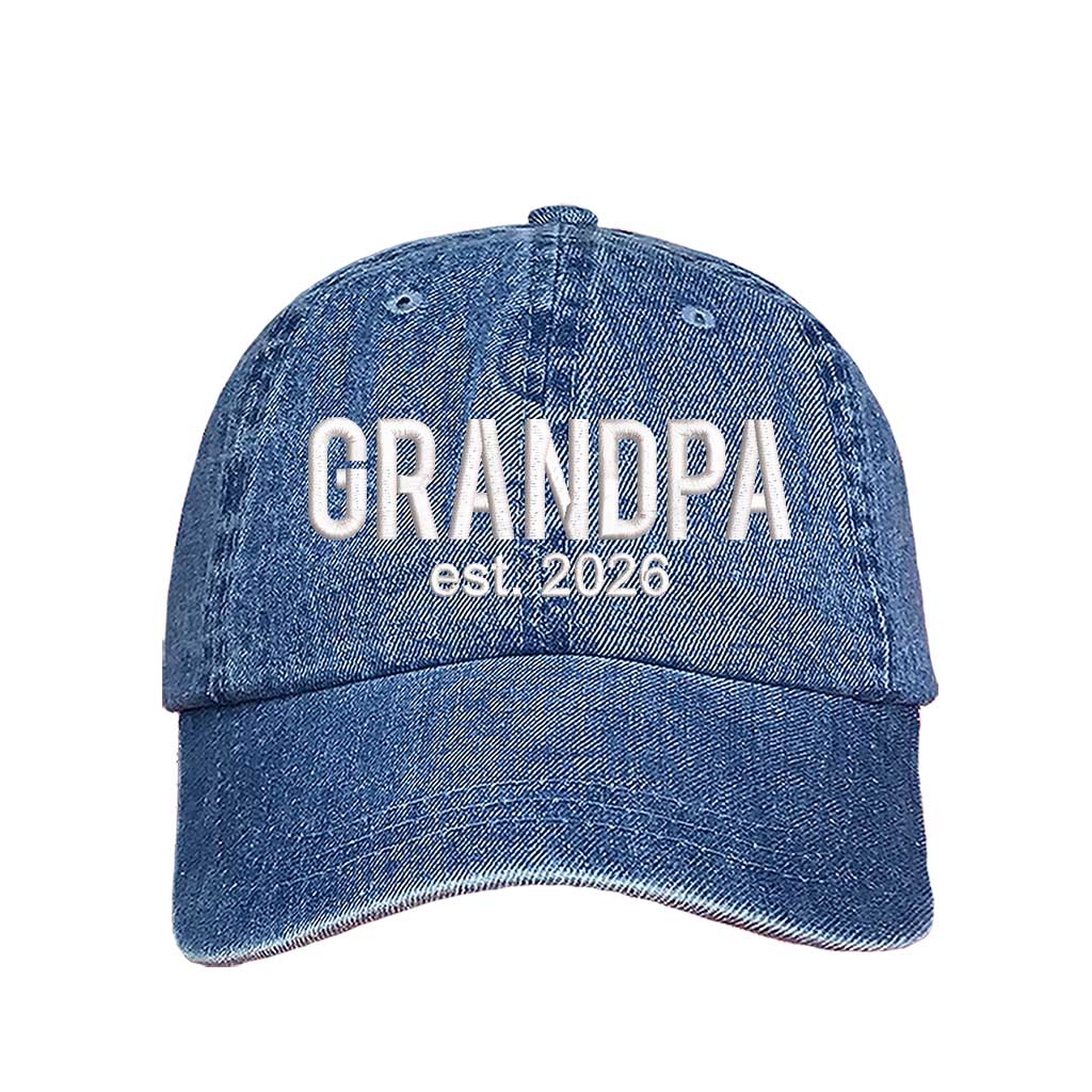 Light Denim Grandpa Est. 2026 Baseball Hat featuring bold white embroidery on a premium dad cap; a stylish 2026 announcement gift for new grandfathers by DSY Lifestyle.