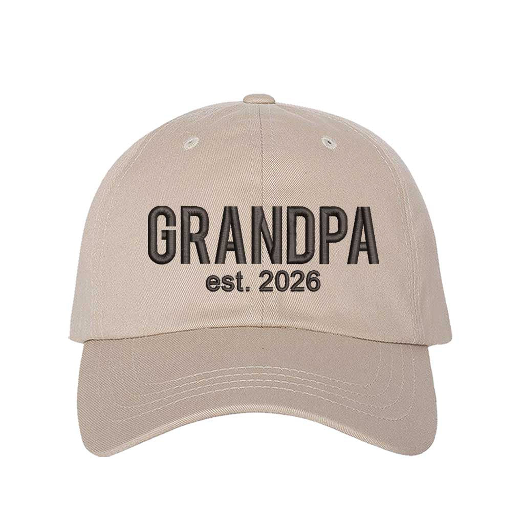 Stone Grandpa Est. 2026 Baseball Hat featuring bold black embroidery on a premium dad cap; a stylish 2026 announcement gift for new grandfathers by DSY Lifestyle.