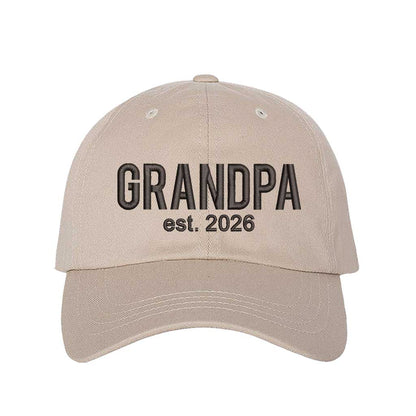 Stone Grandpa Est. 2026 Baseball Hat featuring bold black embroidery on a premium dad cap; a stylish 2026 announcement gift for new grandfathers by DSY Lifestyle.