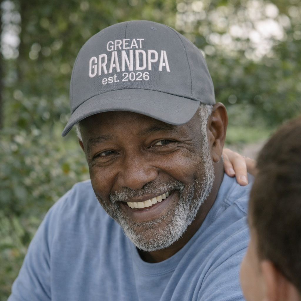 Handsome Black man wearing a Gray Great Grandpa Est. 2026 Baseball Hat featuring bold white embroidery on a classic dad cap; a special 2026 baby announcement gift for new great-grandfathers by DSY Lifestyle.