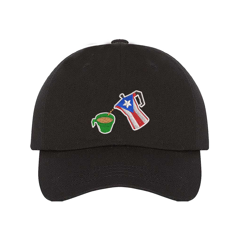 A black embroidered hat featuring a detailed design of a greca (stovetop coffee maker) pouring coffee into a nostalgic green butter cup, symbolizing Puerto Rican coffee culture. The greca has the Puerto Rican flag inside it, representing heritage and tradition - DSY Lifestyle