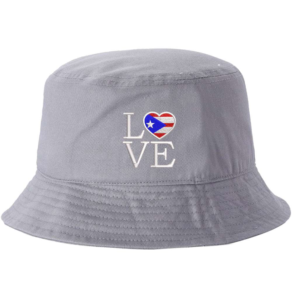 Grey bucket hag embroidered with the word love but the o is a heart and has the puerto rican flag inside- DSY Lifestyle