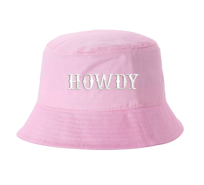 Light pink bucket hat with the word howdy embroidered on it-DSY Lifestyle