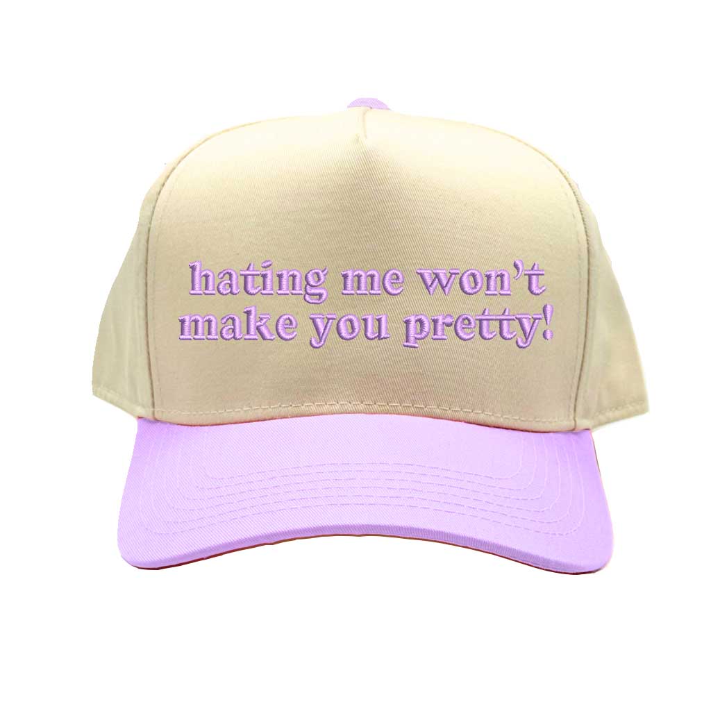 Natural Lavender Spring two-tone embroidered baseball hat with &quot;Hating Me Won’t Make You Pretty!&quot; stitched in bold lettering. Trendy snapback cap for confident, stylish looks - DSY Lifestyle