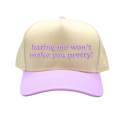 Natural Lavender Spring two-tone embroidered baseball hat with &quot;Hating Me Won’t Make You Pretty!&quot; stitched in bold lettering. Trendy snapback cap for confident, stylish looks - DSY Lifestyle