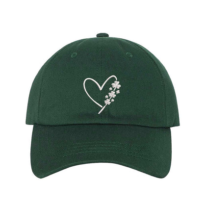Forest Green baseball hat with an embroidered heart and clovers on the side, offering a stylish and festive look for St. Patrick’s Day and everyday wear - DSY Lifestyle