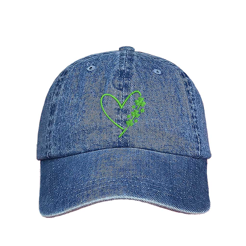 Light Denim with green thread baseball hat with an embroidered heart and clovers on the side, offering a stylish and festive look for St. Patrick’s Day and everyday wear - DSY Lifestyle