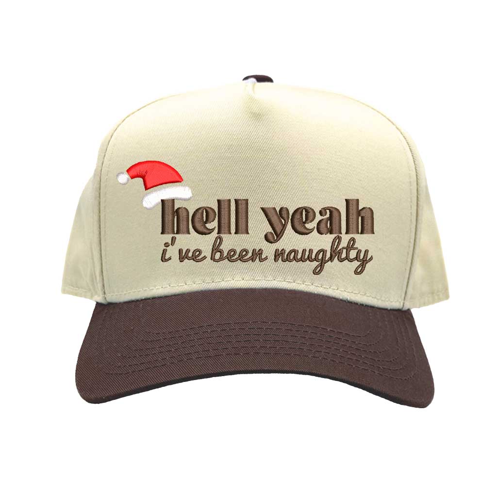 Natural Brown Hell Yeah I’ve Been Naughty Two Tone 5-Panel Embroidered Baseball Hat featuring bold holiday embroidery and adjustable snapback closure – DSY Lifestyle