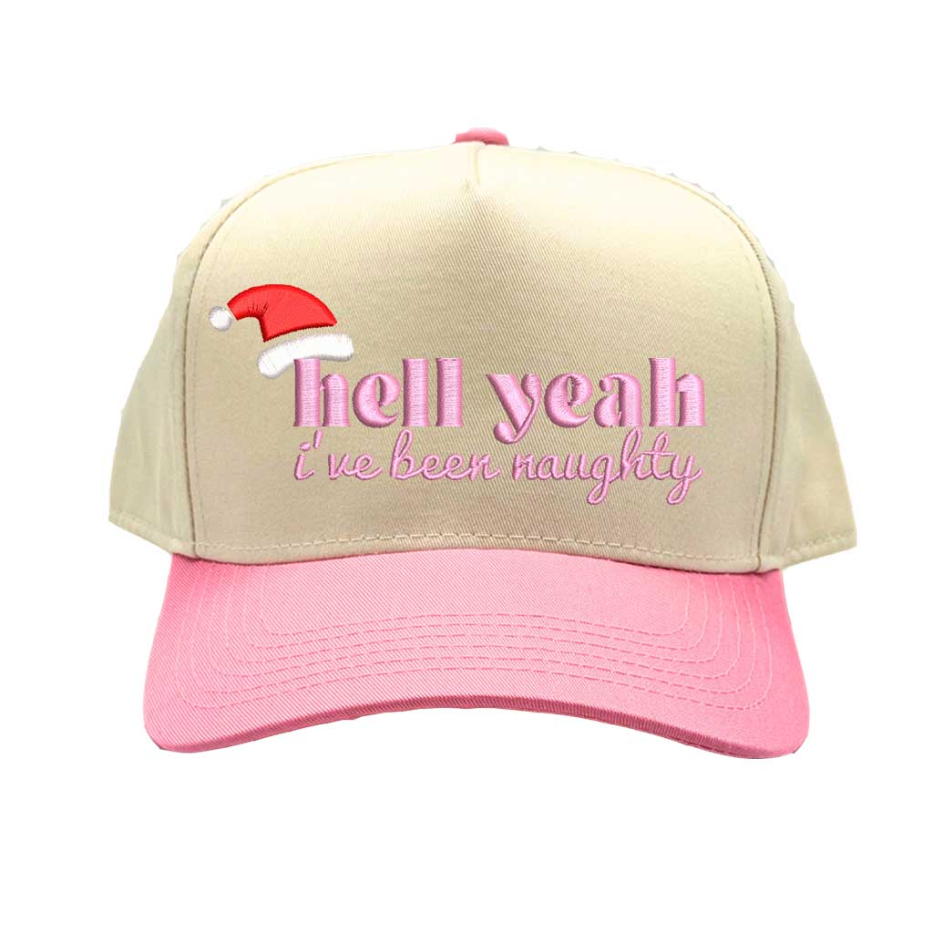 Natural Light Pink Hell Yeah I’ve Been Naughty Two Tone 5-Panel Embroidered Baseball Hat featuring bold holiday embroidery and adjustable snapback closure – DSY Lifestyle