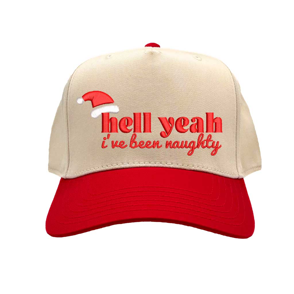 Natural Red Hell Yeah I’ve Been Naughty Two Tone 5-Panel Embroidered Baseball Hat featuring bold holiday embroidery and adjustable snapback closure – DSY Lifestyle