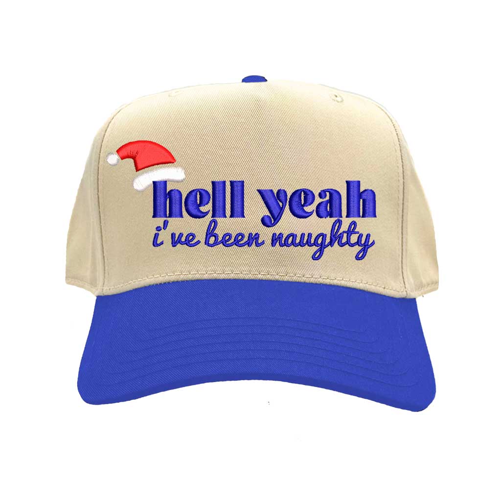 Natural Royal Blue Hell Yeah I’ve Been Naughty Two Tone 5-Panel Embroidered Baseball Hat featuring bold holiday embroidery and adjustable snapback closure – DSY Lifestyle