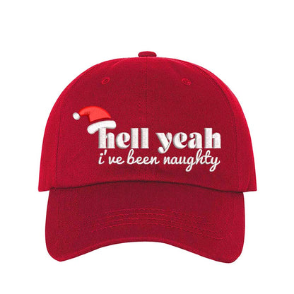 Red Hell Yeah I’ve Been Naughty Embroidered Baseball Hat featuring bold statement embroidery, curved brim, and adjustable hook and loop closure – DSY Lifestyle