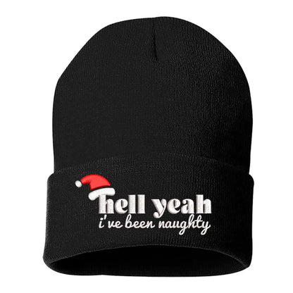 Black Hell Yeah I’ve Been Naughty Embroidered Beanie Cap featuring festive red embroidery on a soft winter knit hat, perfect for Christmas humor and holiday style - DSY Lifestyle