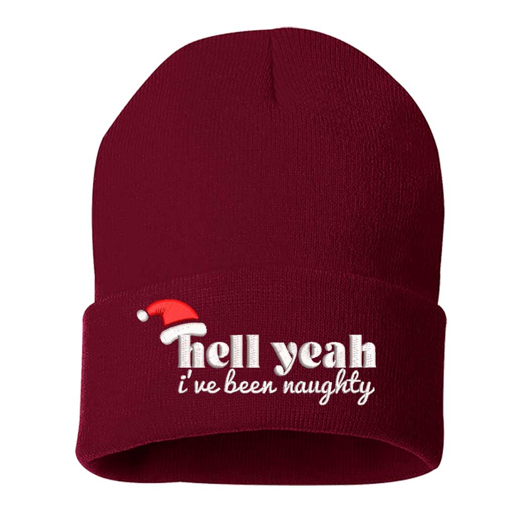 Burgundy Hell Yeah I’ve Been Naughty Embroidered Beanie Cap featuring festive red embroidery on a soft winter knit hat, perfect for Christmas humor and holiday style - DSY Lifestyle
