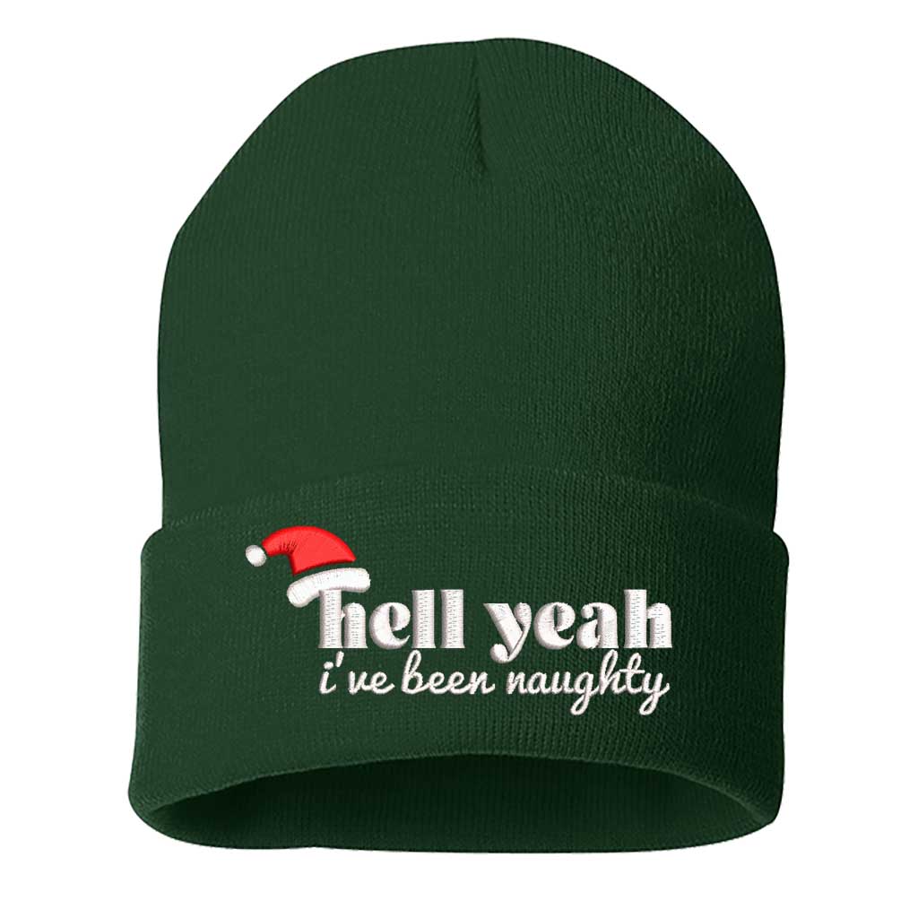 Forest Green Hell Yeah I’ve Been Naughty Embroidered Beanie Cap featuring festive red embroidery on a soft winter knit hat, perfect for Christmas humor and holiday style - DSY Lifestyle
