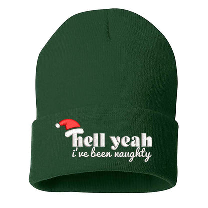 Forest Green Hell Yeah I’ve Been Naughty Embroidered Beanie Cap featuring festive red embroidery on a soft winter knit hat, perfect for Christmas humor and holiday style - DSY Lifestyle