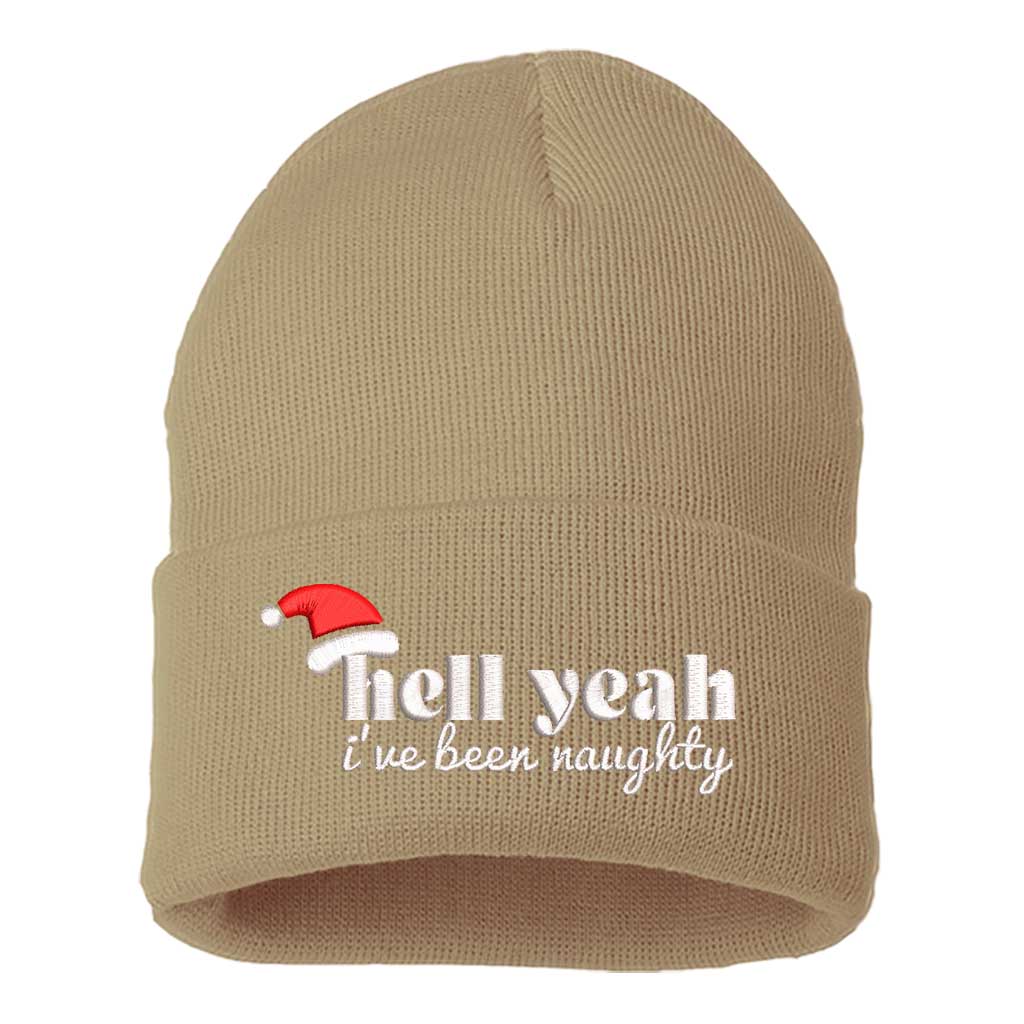 Khaki Hell Yeah I’ve Been Naughty Embroidered Beanie Cap featuring festive red embroidery on a soft winter knit hat, perfect for Christmas humor and holiday style - DSY Lifestyle