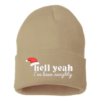 Khaki Hell Yeah I’ve Been Naughty Embroidered Beanie Cap featuring festive red embroidery on a soft winter knit hat, perfect for Christmas humor and holiday style - DSY Lifestyle