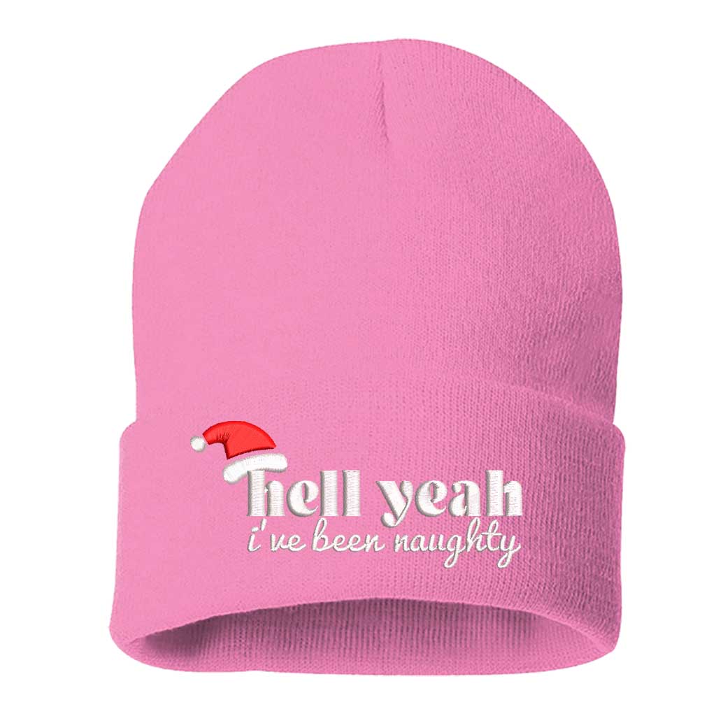 Light Pink Hell Yeah I’ve Been Naughty Embroidered Beanie Cap featuring festive red embroidery on a soft winter knit hat, perfect for Christmas humor and holiday style - DSY Lifestyle