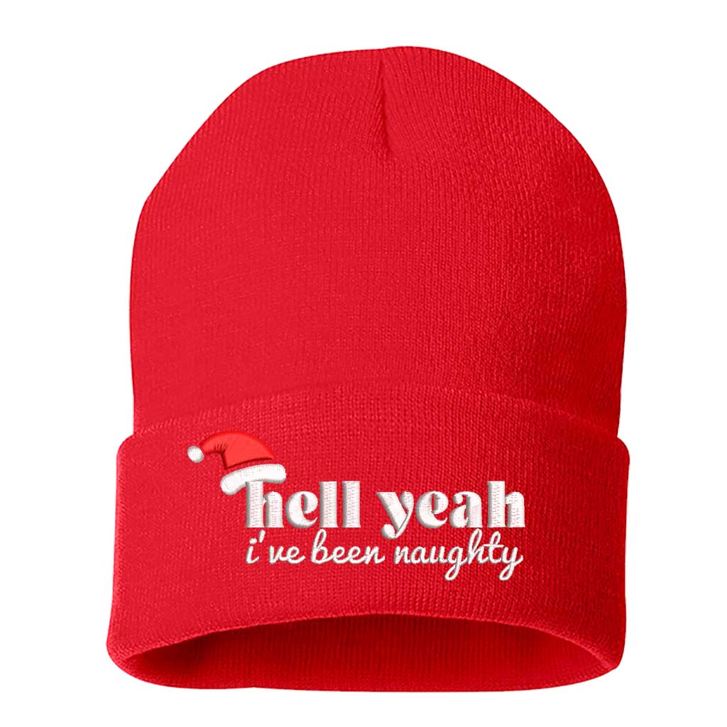 Red Hell Yeah I’ve Been Naughty Embroidered Beanie Cap featuring festive red embroidery on a soft winter knit hat, perfect for Christmas humor and holiday style - DSY Lifestyle