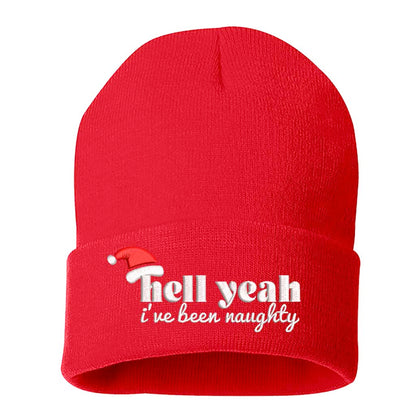 Red Hell Yeah I’ve Been Naughty Embroidered Beanie Cap featuring festive red embroidery on a soft winter knit hat, perfect for Christmas humor and holiday style - DSY Lifestyle