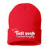 Red Hell Yeah I’ve Been Naughty Embroidered Beanie Cap featuring festive red embroidery on a soft winter knit hat, perfect for Christmas humor and holiday style - DSY Lifestyle