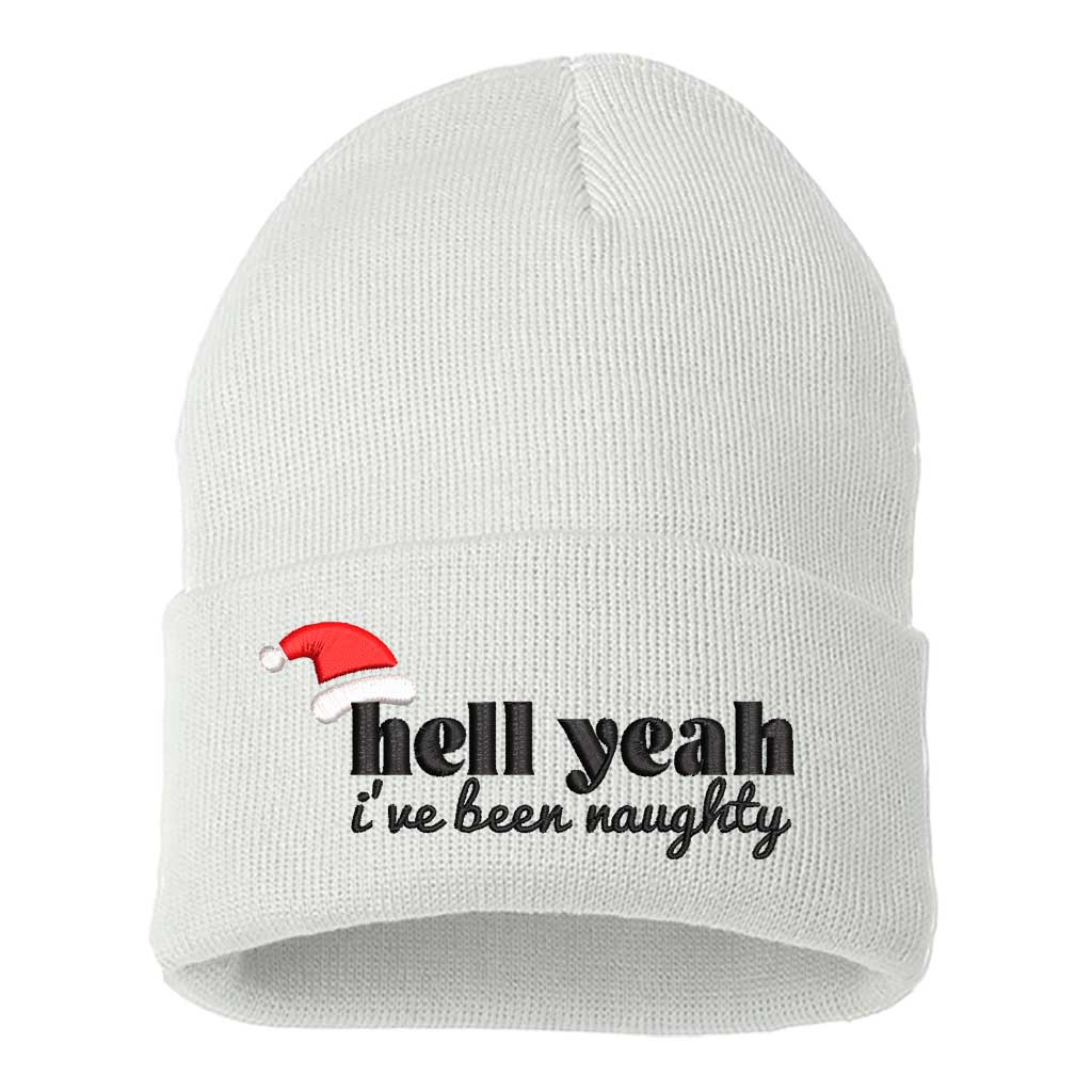 White Hell Yeah I’ve Been Naughty Embroidered Beanie Cap featuring festive red embroidery on a soft winter knit hat, perfect for Christmas humor and holiday style - DSY Lifestyle