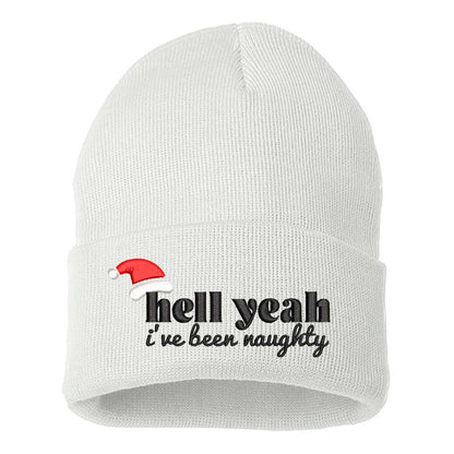 White Hell Yeah I’ve Been Naughty Embroidered Beanie Cap featuring festive red embroidery on a soft winter knit hat, perfect for Christmas humor and holiday style - DSY Lifestyle