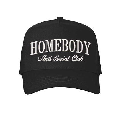 Solid Black Homebody Anti-Social Club embroidered baseball hat. A 5-panel statement hat for women who love comfort, style, and effortless outfits. -DSY Lifestyle