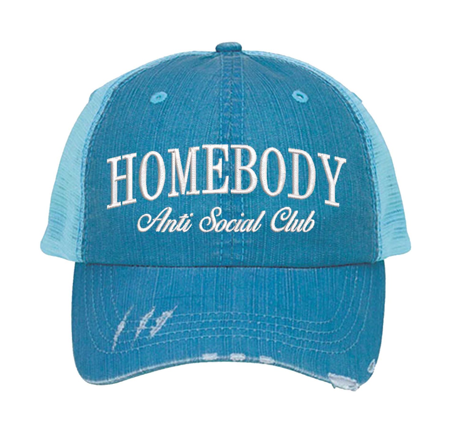 Aqua Homebody Anti-Social Club embroidered distressed trucker hat for women. Casual statement hat for everyday comfort, errands, and street style. - DSY Lifestyle