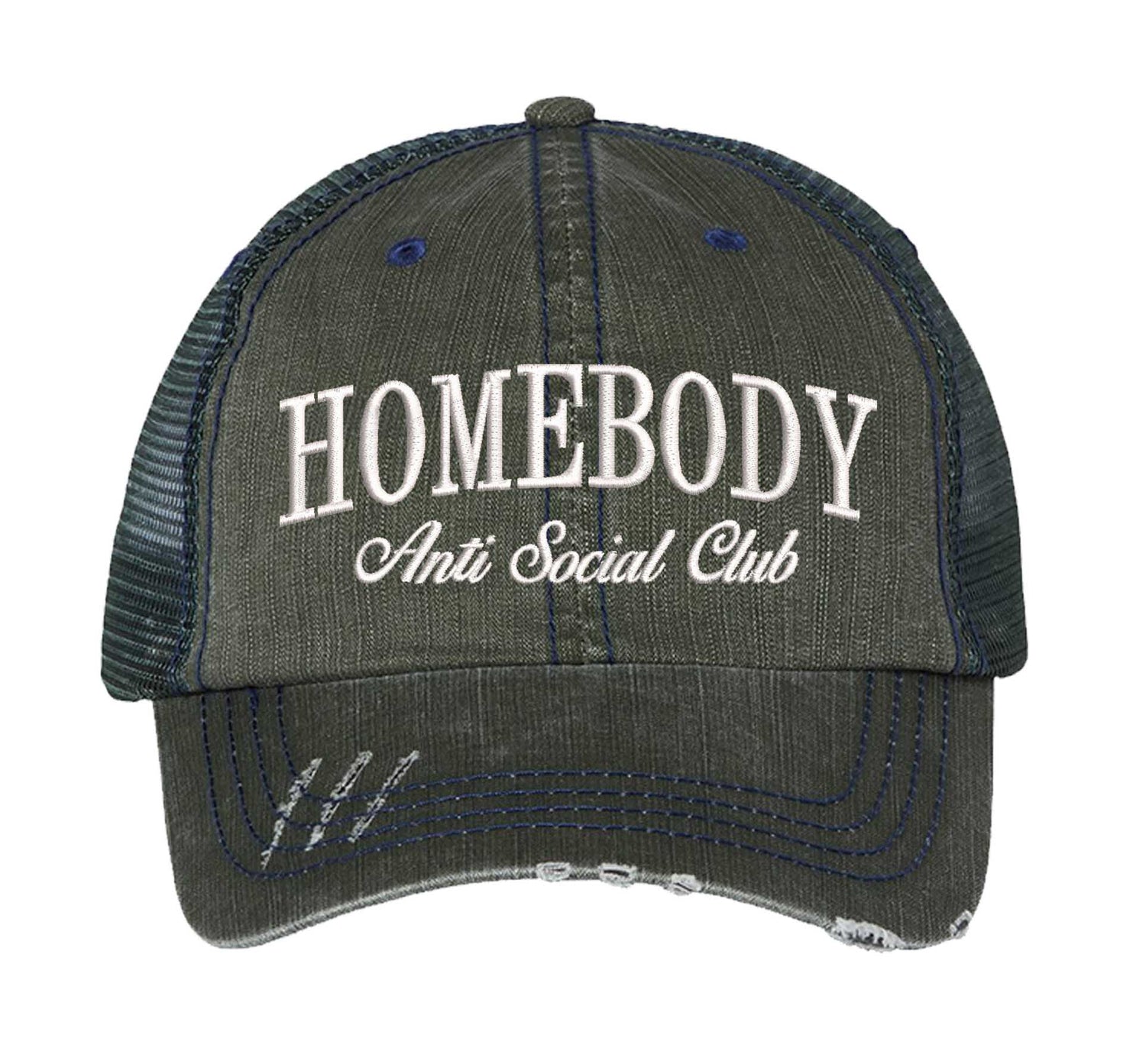 Dark Green Homebody Anti-Social Club embroidered distressed trucker hat for women. Casual statement hat for everyday comfort, errands, and street style. - DSY Lifestyle