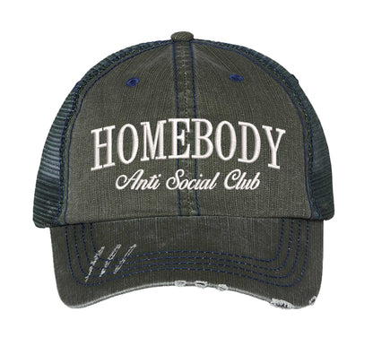 Dark Green Homebody Anti-Social Club embroidered distressed trucker hat for women. Casual statement hat for everyday comfort, errands, and street style. - DSY Lifestyle