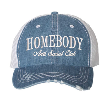 Denim Homebody Anti-Social Club embroidered distressed trucker hat for women. Casual statement hat for everyday comfort, errands, and street style. - DSY Lifestyle