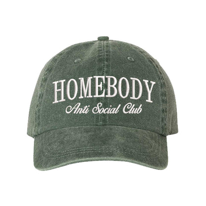 Dark Green Homebody Anti-Social Club Washed Statement Baseball Hat – a washed, relaxed-fit statement cap designed for everyday comfort and real-life moods. Trendy, adjustable, and effortlessly stylish. - DSY Lifestyle