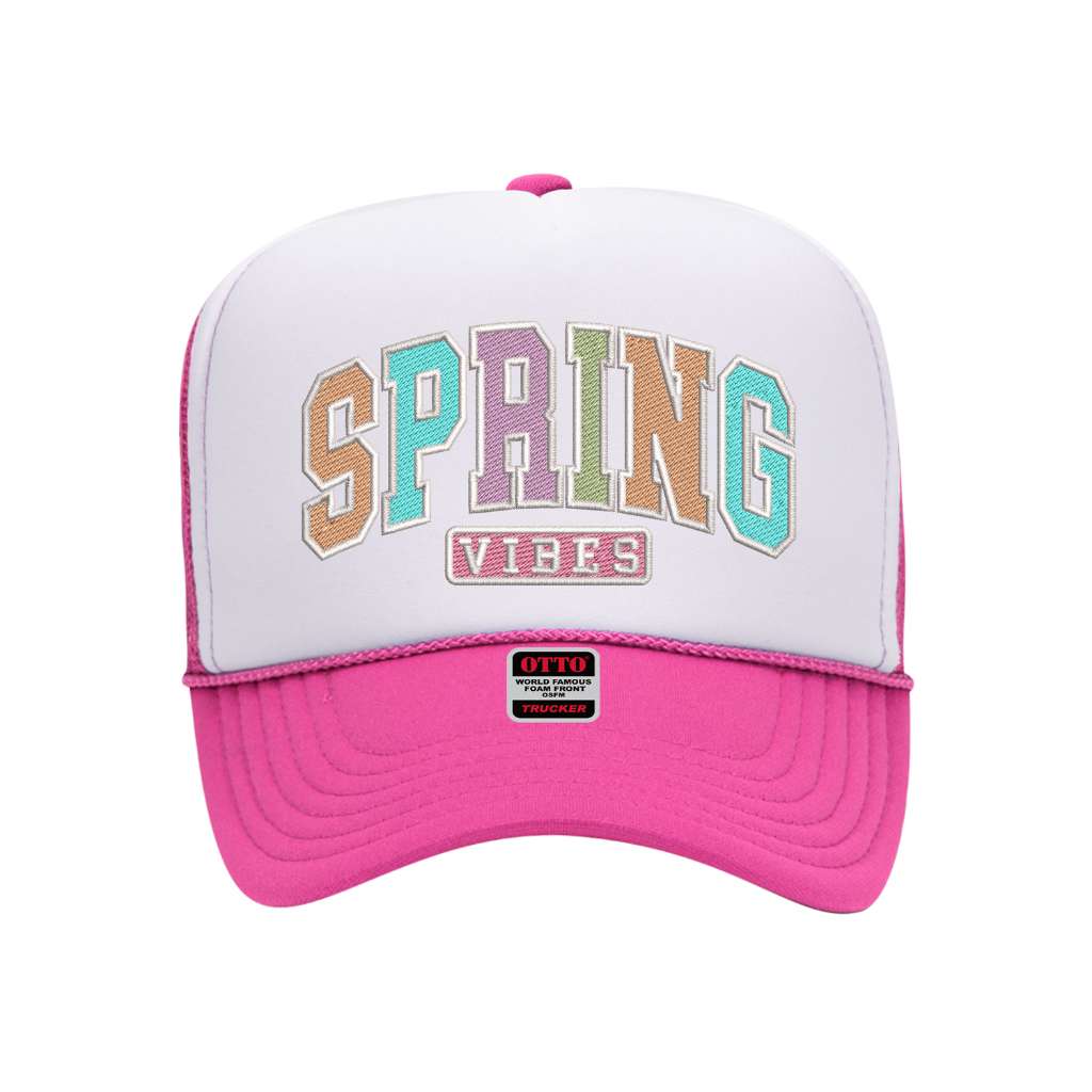 Hot Pink with white front tab foam trucker hat embroidered with the phrase spring vibes on it-DSY Lifestyle