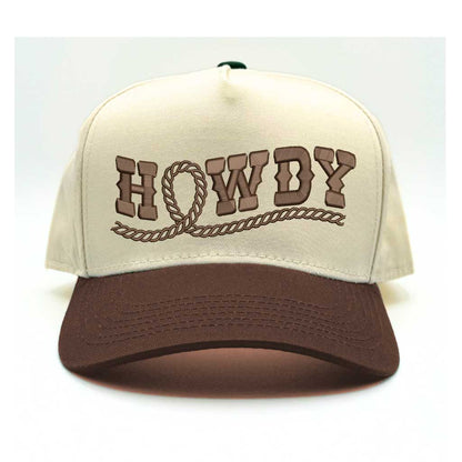 Natural Brown Howdy Rope Two-Tone 5-Panel Baseball Hat with embroidered rope-style lettering, a structured fit, and an adjustable hook-and-loop closure—DSY Lifestyle
