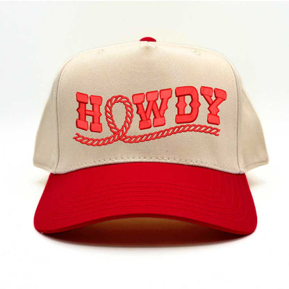 Natural Red Howdy Rope Two-Tone 5-Panel Baseball Hat with embroidered rope-style lettering, a structured fit, and an adjustable hook-and-loop closure—DSY Lifestyle