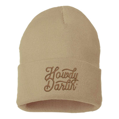 Khaki/Brown Thread beanie embroidered with the phrase howdy darlin-DSY Lifestyle